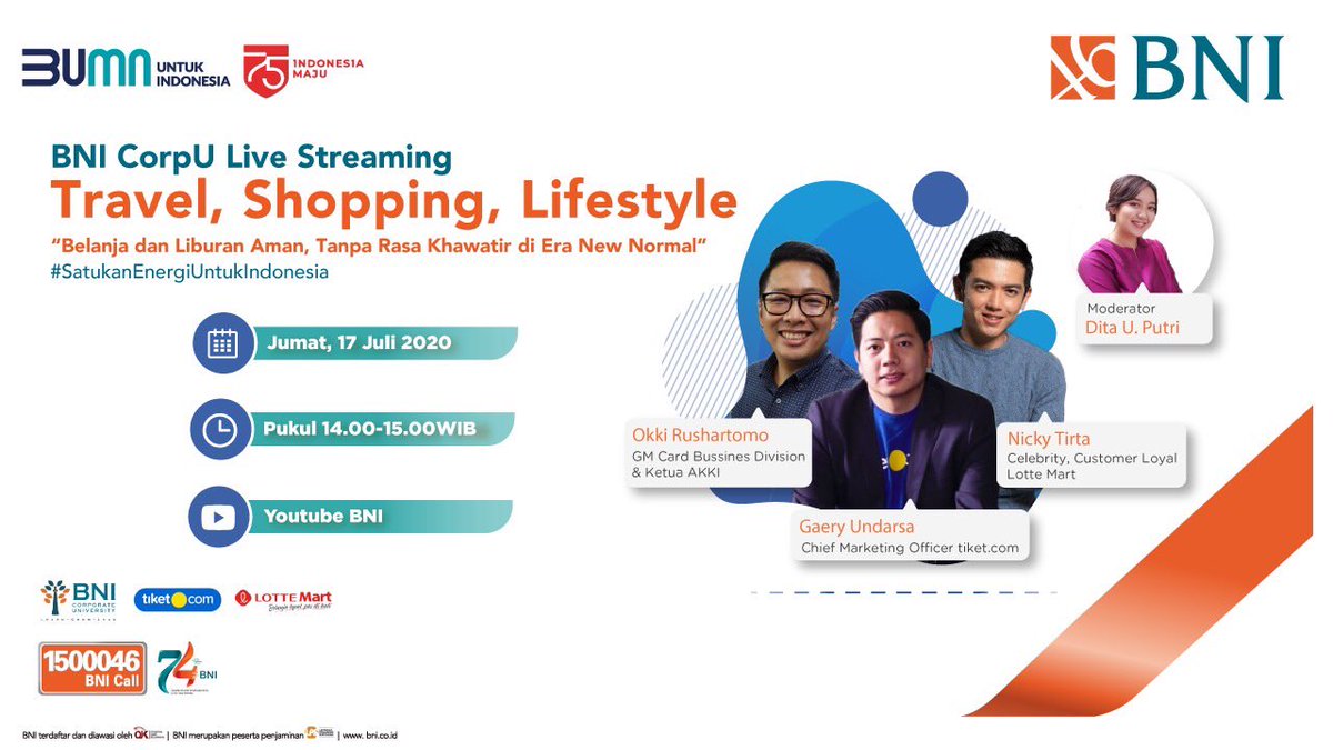 BNI's tweet photo. Era New normal mengharuskan kita untuk berubah dan beradaptasi.
Gimana caranya ya menghadapi masa new normal dengan aman? BNI CorpU Live Streaming akan membahas tetang "Belanja dan Liburan Aman, Tanpa Rasa Khawatir di Era New Normal". https://t.co/rG8DnfFHlz