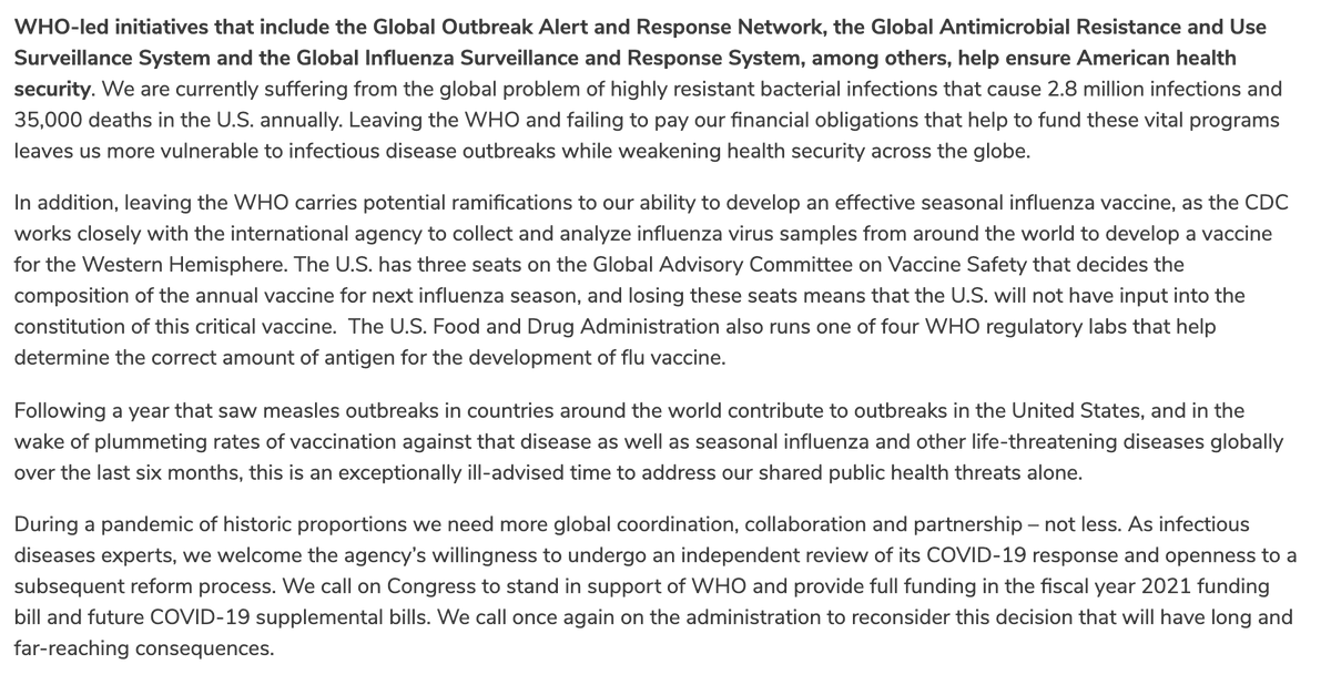 .<a href="/WhiteHouse/">The White House</a>'s decision to withdraw from <a href="/WHO/">World Health Organization (WHO)</a> is at a time when over 12.1M people have been diagnosed w/ #COVID19 &amp; over 550k people have died worldwide. IDSA, <a href="/HIVMA/">HIV Medicine Association</a>, <a href="/SHEA_Epi/">SHEA</a>, <a href="/PIDSociety/">PIDS</a> &amp; <a href="/SIDPharm/">SIDP</a> call for continued U.S. support for <a href="/WHO/">World Health Organization (WHO)</a>: bit.ly/3h8RU4h #WeNeedWHO