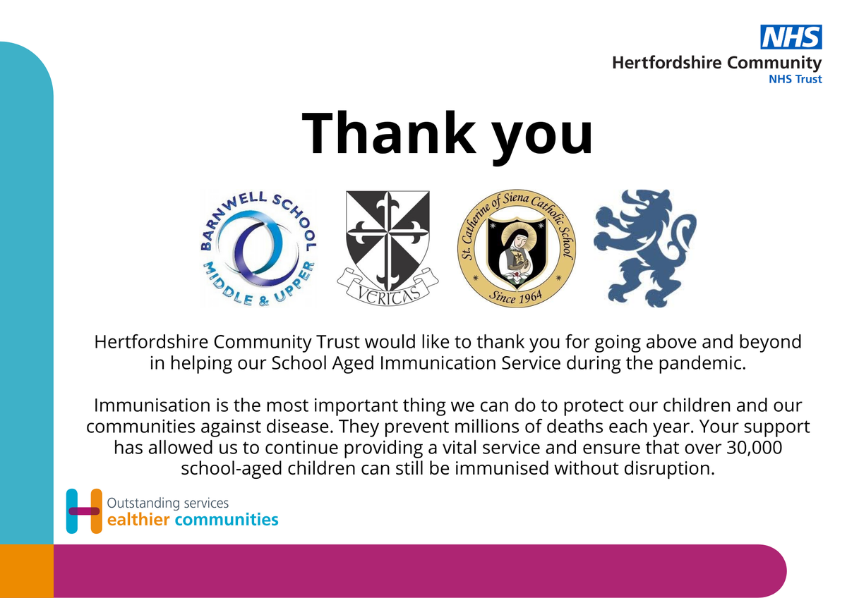 HCTNHS's tweet photo. Immunisation is important to protect our children and our communities against disease. We’re very grateful to @BarnwellSchool @MichaelsVeritas @StCathsofSiena and @LongdeanSchool for going above and beyond to help our School Aged Immunisation Service continue their vital work. https://t.co/bcBsrldpSm