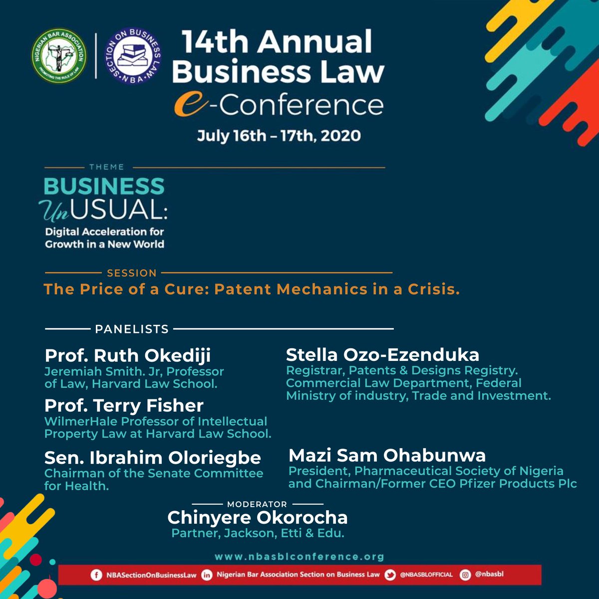 SOhuabunwa_OFR's tweet photo. Join me in the @nbasblofficial NBA-SBL 14th Annual Business Law e-Conference on the 17th of July, 2020 as one of the panelist speaking on The Price of a Cure: Patent Mechanics in a Crisis.
#NBASBL2020 #BusinessUnusual #SBLVirtualActive https://t.co/80pL96lhsx