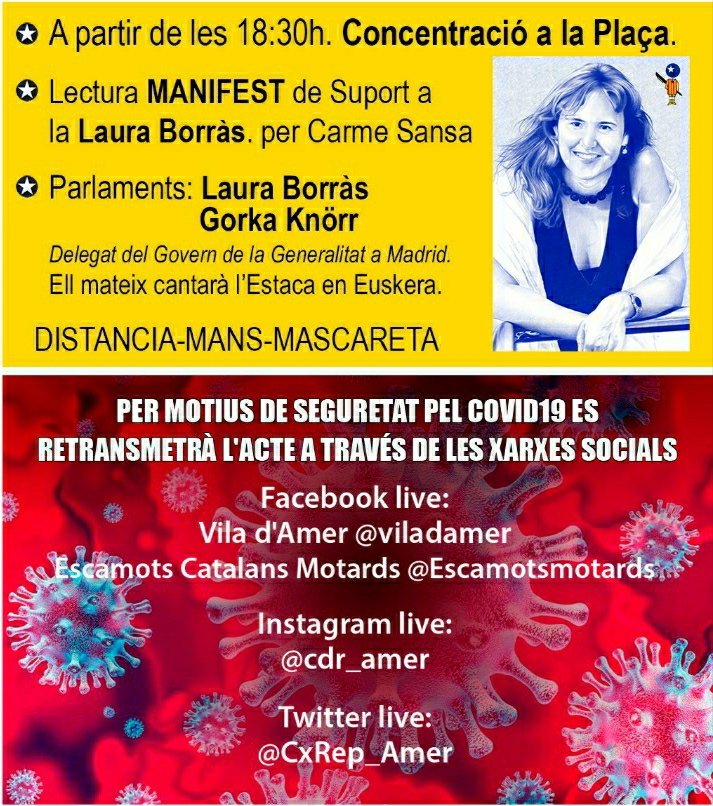 AjuntamentAmer's tweet photo. El @CLxR_Amer organitza un acte aquest dissabte 18 de juliol. 
Lectura Manifest de @GrupLaura , per Carme Sansa i Parlaments a càrrec de @LauraBorras i @GorkaKB 
Per motius de seguretat pel Covid19 es podrà seguir l'acte a les xarxes socials
#Amer
#ConsellLocalAmer https://t.co/dgOh1N0OWE