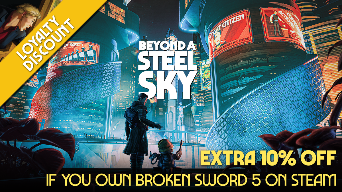 RevSoftGames's tweet photo. 🎉 We teamed up with @Steam 🥳
Today we'll launch on Steam with a 20% launch discount

Own Broken Sword 5 on Steam?
That's an extra 10% off #BeyondASteelSky!

We hope this reflects how grateful we are that you have been with us through all these years ❤️
https://t.co/7rScxYcmzD https://t.co/TtttZz1IZ9