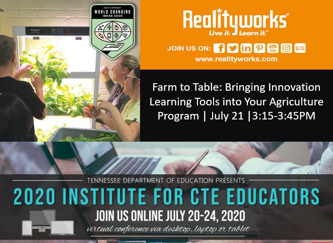 RealityworksInc's tweet photo. The #ThisIsTNCTE Conference begins in less than 1 week. Be sure to add Dan's presentation [#FarmtoTable: Bringing Innovation Learning Tools into Your #Agriculture Program] on July 21 from 3:15-3:45PM to your schedule.
@TNedu @EventsUTCLEE #CTEInstitute #Realityworks https://t.co/1WtmDtMDX5