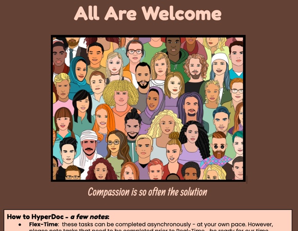 LisaGuardino's tweet photo. Getting excited to meet our #teamums students! The brilliant @MrsDunavan and I revamped this #HyperDoc to foster Ss connections, build an inclusive online community, and reinforce that All Are Welcome ❤️ #TsGiveTs https://t.co/Od3RUCXziv https://t.co/cTql51OTDD