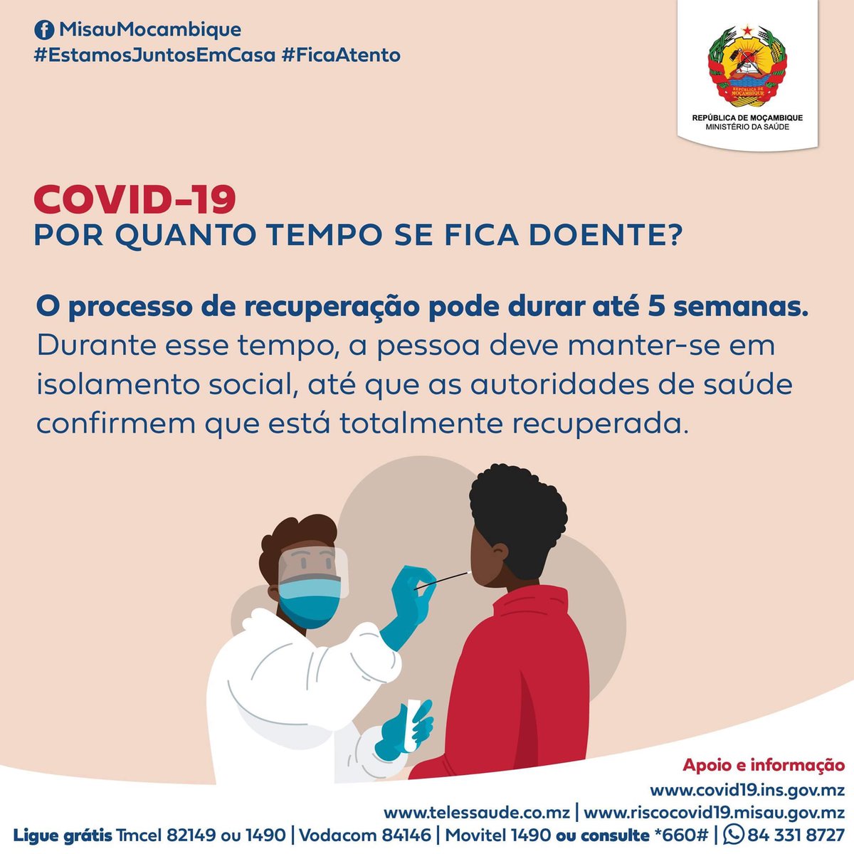 CanHCMozambique's tweet image. DYK it can take up to 5 weeks for a patient with #COVID19 to recover from the disease? During this period, it is important to remain socially isolated until full recovery is confirmed by health authorities.
🦠🏥🧼😷
#FicaAtento