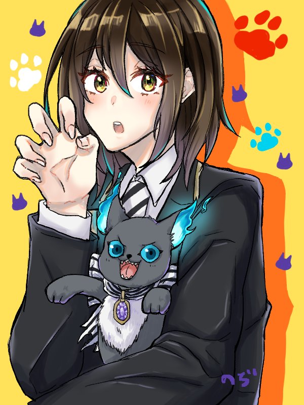 cat school uniform necktie 1girl brown hair striped necktie claw pose  illustration images