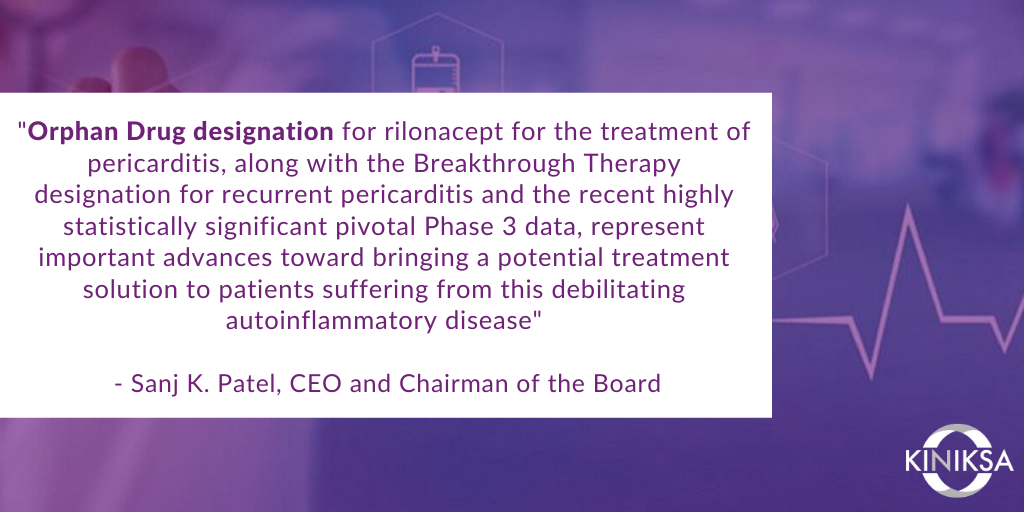 kiniksa's tweet photo. We are pleased to announce we have received Orphan Drug Designation from the U.S. FDA for #Rilonacept, our investigational therapy for the treatment of #Pericarditis https://t.co/0BDYUabAnc https://t.co/mb1Db21iJT