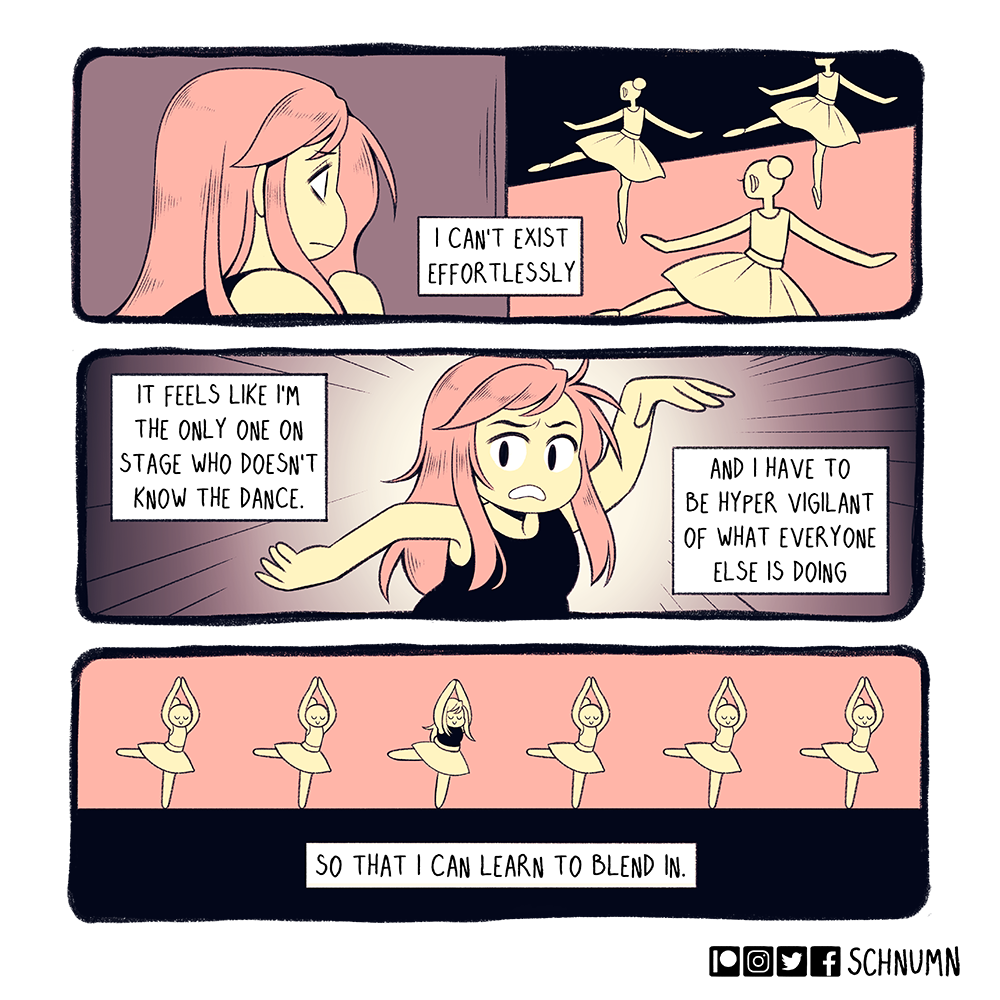Schnumn's tweet photo. Existing is so draining when you're constantly trying to blend in. I often feel like everyone else knows something I don't and I have to try twice as hard to just be normal idk https://t.co/NShKdDLkfL