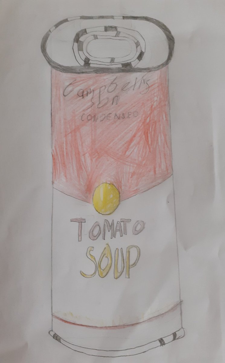 wintera199's tweet photo. @stmichaelthomas Quick selection of work that Luca has done over this past week ! The reason his Andy Warhol drawing says Campbell's Son is because my name used to be Campbell ! 😆 Will pop into school tomorrow for his report and to return some books too . Take care all  xx https://t.co/7Pm2lyie4m