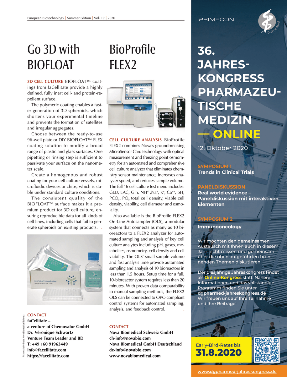 facellitate's tweet photo. Thank you @EuroBiotechNews for the product information on our BIOFLOAT product line in your Summer 2020 issue.
#Biofloat #3Dcellculture #Biotechnology #lifesciences https://t.co/7p8eu2OpMK