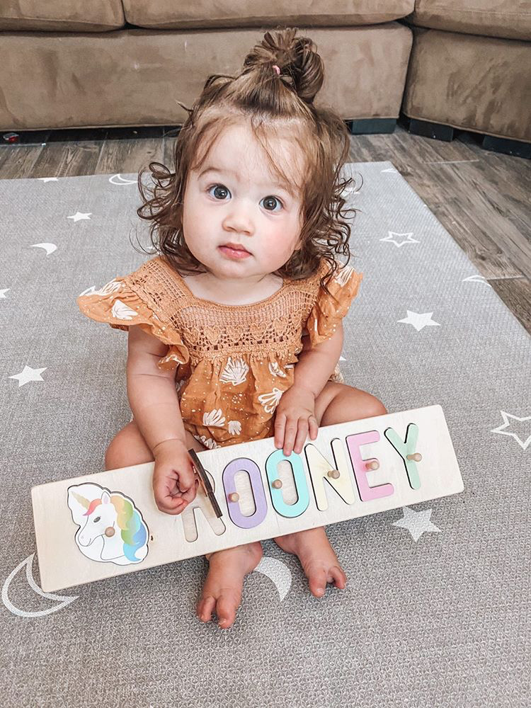 Such a sweet picture of little Rooney with her Unicorn Whimsical Wooden Name Puzzle. Make sure to tag @southbendwoodworks in your photos so we can see those happy faces!