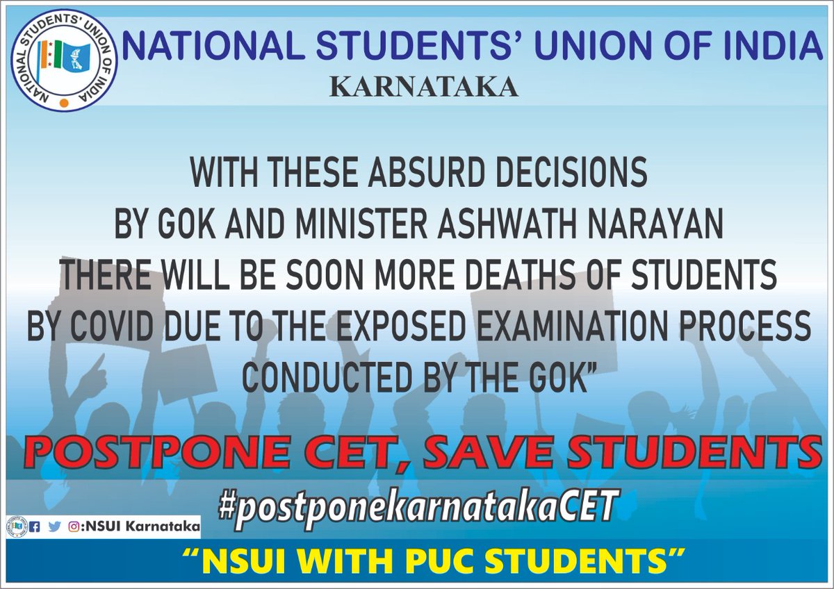 NSUIKarnataka's tweet photo. Highest number of Corona +ve cases in Karnataka was reported today. Meanwhile, the Higher Education Minister confirms that GoK will go ahead with the proposed schedule for CET &amp; COMEDK exams. @NSUIKarnataka registers our protest on his statement.
#PostponeKarnatakaCET https://t.co/2E3yq35yid