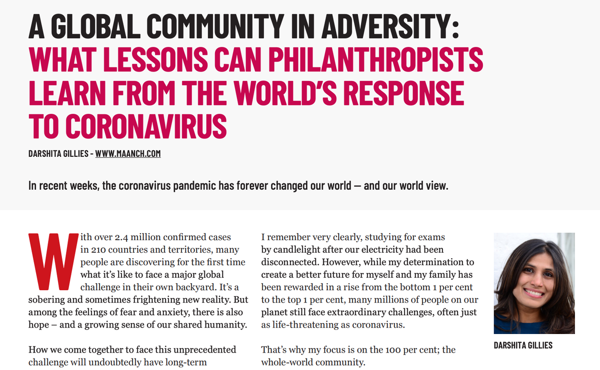 maanch_platform's tweet photo. Our Founder &amp; CEO @DarshitaGillies shares her learnings for the philanthropy community from the world’s response to Coronavirus, in the latest edition of Philanthropy Impact magazine. 

https://t.co/ttuK7pHYi7

#philanthropy #socialimpact #coronavirus #covid19 #impacttech #maanch https://t.co/VtQAYijiP4