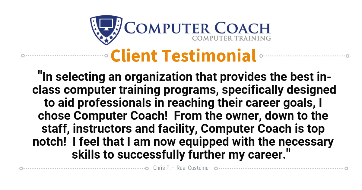 ComputerCoach's tweet photo. In selecting an organization that provides the best in-class computer training programs, specifically designed to aid professionals in reaching their career goals, I choose Computer Coach! #studenttestimonial #customersfirst #computercoach https://t.co/uMxNZeTzZ4