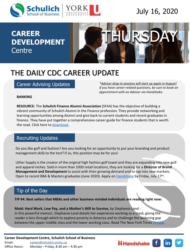 SchulichCdc's tweet photo. The Daily CDC Career Update: Links in today’s letter- 

Advising resource - https://t.co/JFSl2Kx5Pj

Recruiting update - https://t.co/QpY6pWEy1g

Tip of the Day - https://t.co/mKqfp5CgI3 https://t.co/lV2tpUkXfw