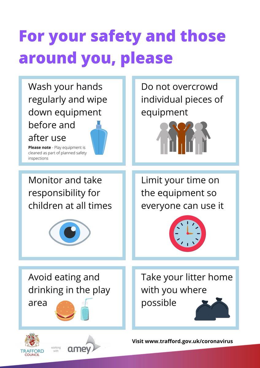 We're getting back into the swing of it!

We're deep cleaning play areas for gradual reopening. Thank you for playing your part by following these guidelines, so that everyone can enjoy facilities safely.

For more visit trafford.gov.uk/coronavirus #StrongerTogether #TraffordParks