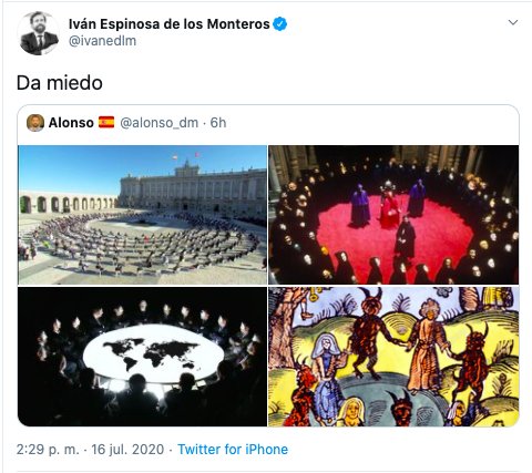 Lo peor es que este engendro de <a href="/ivanedlm/">Iván Espinosa de los Monteros</a> sabe mucho de logias, satanismo, ped3filia, rituales y demás. Se codea con la élite asesina global. Así que comparar la putrefacción de lo que los miembros de <a href="/vox_es/">VOX 🇪🇸</a> hacen a escondidas,con un funeral de estado, es de un enfermo asqueroso