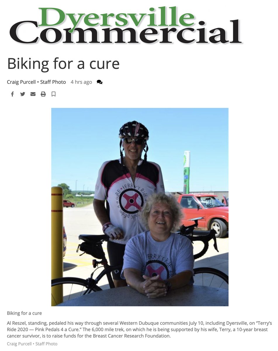 IN THE NEWS: See the Dyersville Commercial news story here bit.ly/3j99mak. To donate, please visit give.bcrf.org/fundraiser/184…. Thank you for your consideration and generosity. #betheend #bcrf 
#breastcancer #rideacrossamerica #mammogram