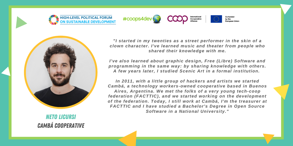 facttic's tweet photo. Hoy a las 14hs les invitamos a todes a participar del #HLPF2020 🌍

Nuestro compañero @netolicursi  va a estar contando su experiencia en @cambacoop y en @facttic .  

¡Desde #FactticJuventud seguimos promoviendo el cooperativismo como modelo de vida! https://t.co/jQYElMpoUz