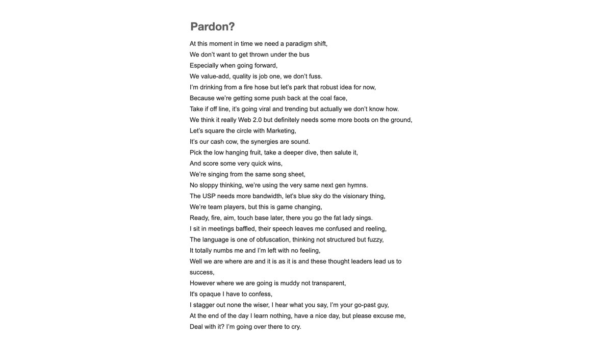 davidnwatts's tweet photo. @1anadams In a particularly boring month at work in 2012 I wrote a business related poem daily including the following one. Vogon poetry (10 points for being old enough to understand the reference) is described as 'the third worst poetry in the Universe.' I think I run a pretty close 4th. https://t.co/MI6uxqyF2A