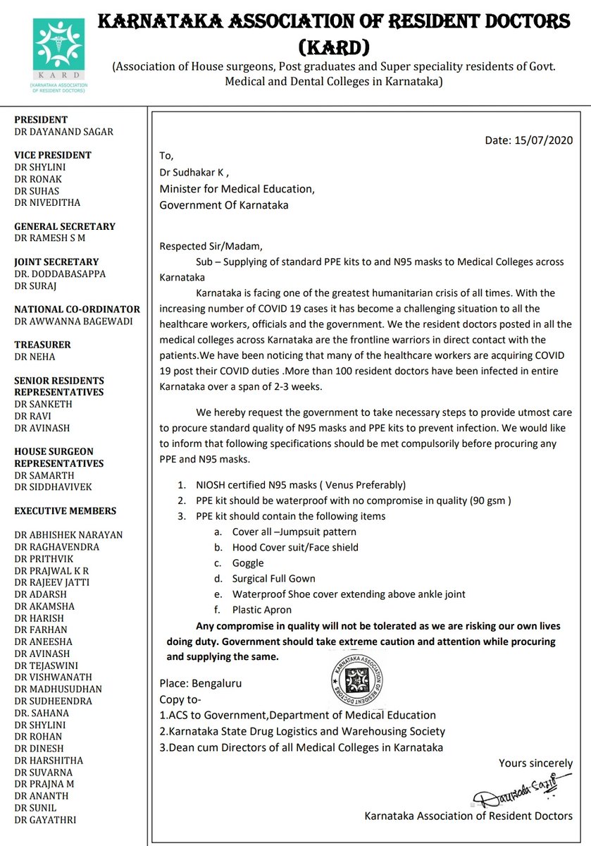 karnatakarda's tweet photo. While more than 100 resident doctors have been infected state wide during the duty past 2-3 wks,we request @mla_sudhakar @CMofKarnataka @BSYBJP @CovidKarnataka  @sriramulubjp  @drashwathcn  to take utmost care in providing standard PPE kits and N95 masks to the frontline warriors https://t.co/POnSRNsXEi
