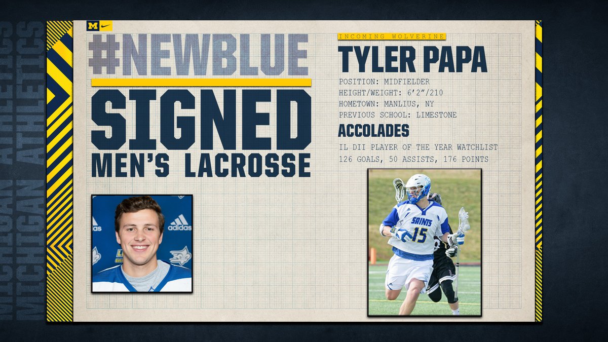UMichLacrosse's tweet photo. INCOMING WOLVERINE

Tyler Papa (@tpapa14), formerly of Limestone, will join the program for the 2021 season. 

A 3x all-conference player, he was a 2020 preseason All-American, &amp; scored 176 points (126g, 50a.) in 4 seasons for the Saints.

Welcome, Tyler!

#WearIt | #Scrum20〽 https://t.co/09EQkFpjp1
