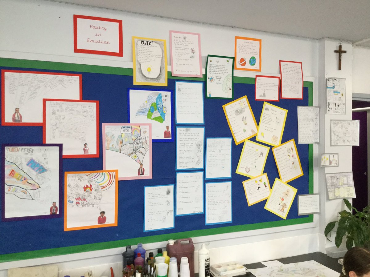 HTAClassDurney's tweet photo. We’ll soon be taking down the fabulous work my Year 6 group have been doing, so here’s one last look: Week 1 Emotions Poetry; Week 2 Jabberwocky; Week 3 Storm Keeper’s Island. #HTAWrites https://t.co/mC9XBVjKO5