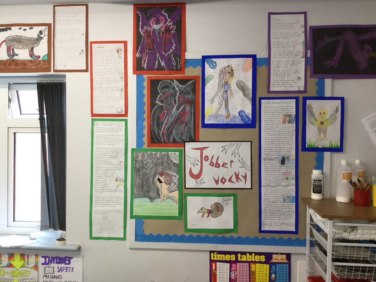 HTAClassDurney's tweet photo. We’ll soon be taking down the fabulous work my Year 6 group have been doing, so here’s one last look: Week 1 Emotions Poetry; Week 2 Jabberwocky; Week 3 Storm Keeper’s Island. #HTAWrites https://t.co/mC9XBVjKO5