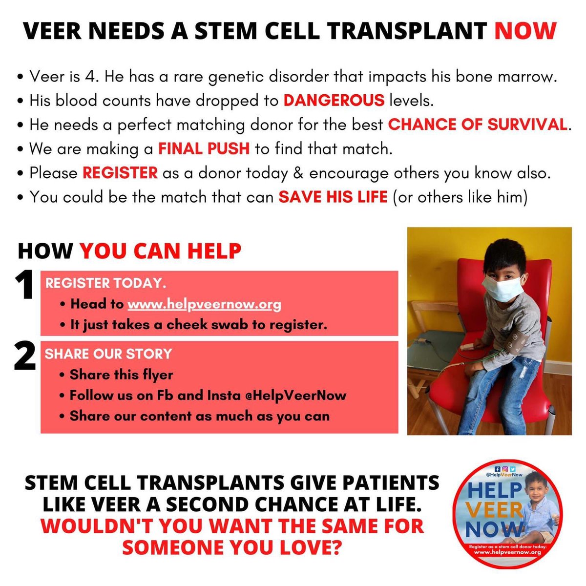 Hi All,  Please can you share this to make this go far and wide. Veer has fanconi anaemia. His had a few years before he needed a stem cell transplant. Unfortunately his situation has changed. It is now urgent. 
Thanks. helpveernow.org