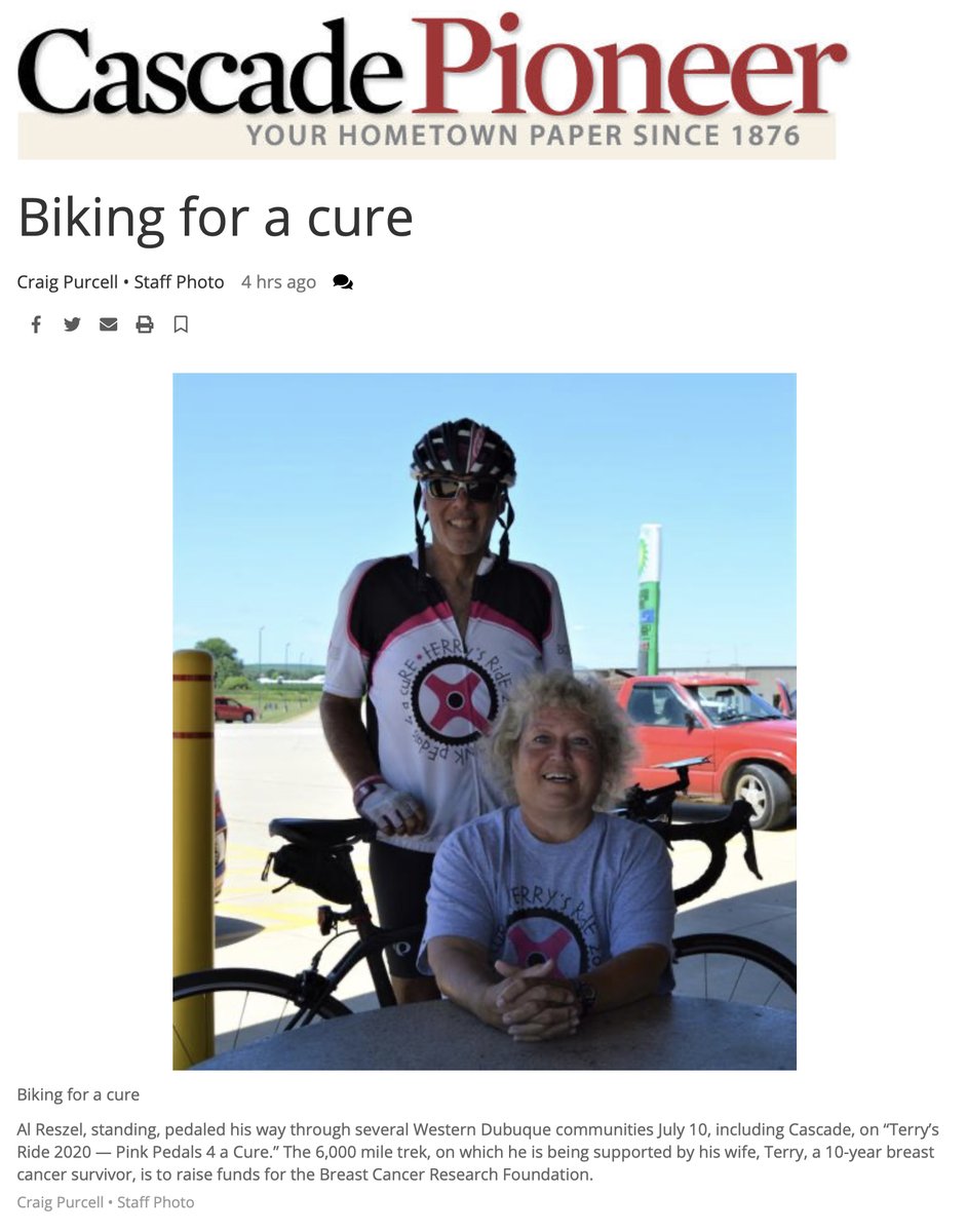 IN THE NEWS: See the Cascade Pioneer news story here bit.ly/30c0BUt. To donate, please visit give.bcrf.org/fundraiser/184…. Thank you for your consideration and generosity. #betheend #bcrf 
#breastcancer #rideacrossamerica #mammogram
