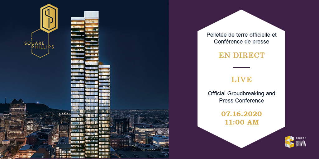 PHabitation's tweet photo. Regardez la pelletée de terre officielle du 1 Square Phillips en direct de chez vous, sur YouTube! Celle-ci se tiendra à 11h aujourd'hui!

https://t.co/yBK9idDYMx

Groupe Brivia lance la construction de  la plus haute tour résidentielle de Montréal, le 1 Square Phillips. https://t.co/P7SoxKj2xz