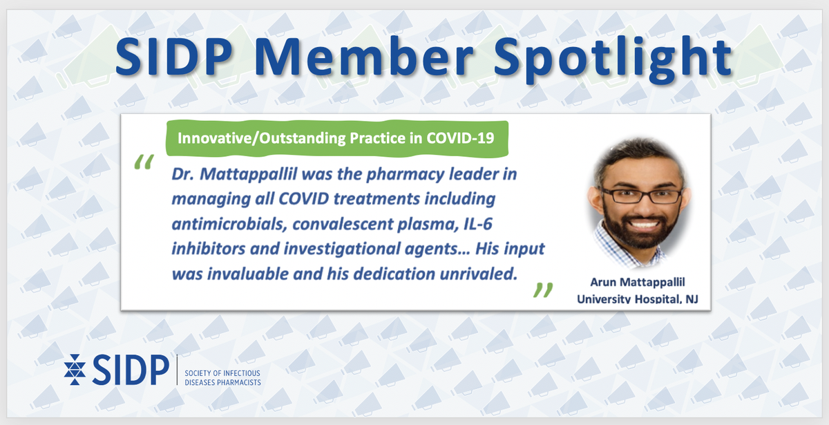 SIDPharm's tweet photo. Please join us in celebrating @SIDPharm member Dr. Arun Mattappallil, nominated by his peers, for going above and beyond in innovative practice, scholarship, and representation during the #COVID19 pandemic!

#IDTwitter https://t.co/P1ClT0s2GF