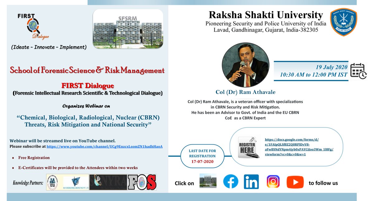 RakshaUni's tweet photo. Our School of #ForensicScience &amp; #RiskManagement is organizing something big this #weekend.

An informative webinar on #CBRN #Threats, #Risk Mitigation &amp; #NationalSecurity by a #Veteran Officer.

Register for free - https://t.co/G418VP1TH0

#RSU
#SFSRM
#Chemical
#Nuclear
#Threat https://t.co/FcLp10G4Mk
