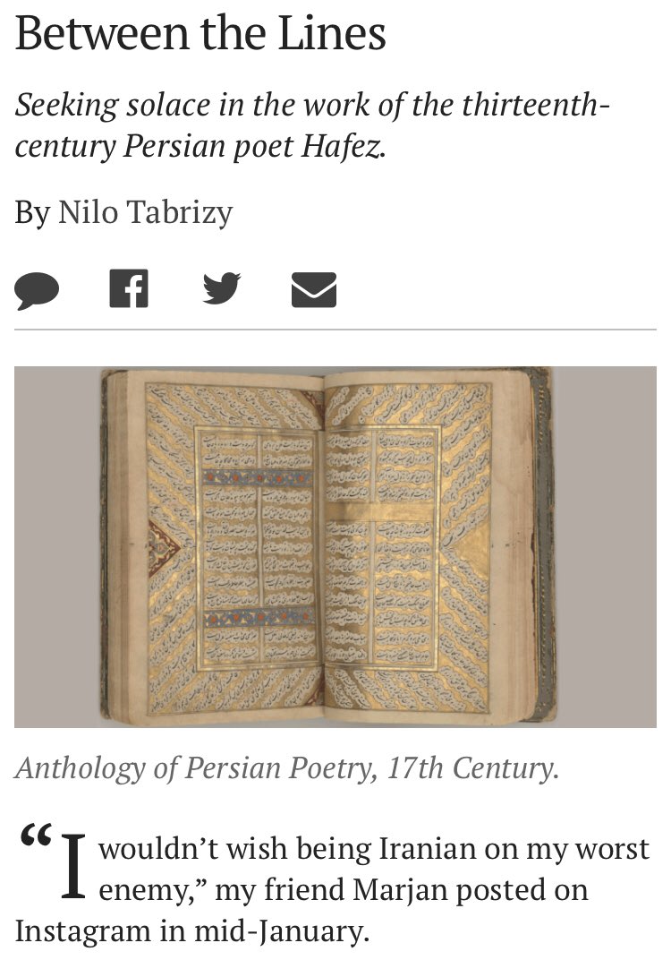 ntabrizy's tweet photo. I wrote an essay on Hafez, Iranian identity and our dear poet’s guidance during uncertain times for @GuernicaMag. Thanks to @bottomofthepot1 for her thoughts on this. As well you get to hear from my poetry ostads too: https://t.co/6mIW7VABk9 https://t.co/5YjKgT4ezn