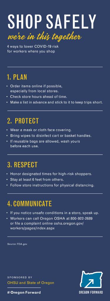 OHSUNews's tweet photo. Shop safely. We're in this together. 

4 ways to lower #COVID19 risk for workers where you shop. #OregonForward https://t.co/gulUuLRUnx