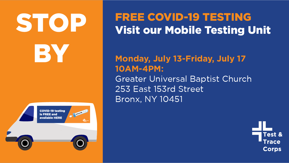 Attention Manhattan and The Bronx! 📣

You can get a COVID-19 test at a mobile testing site this week — it’s free!