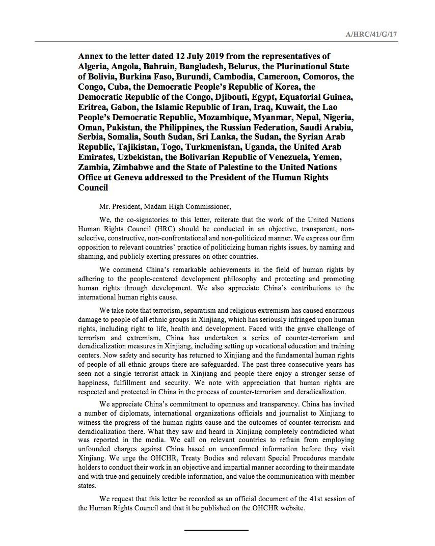 or another that has 1 million Muslims locked up in re-education camps — an action that, incidentally, was praised by the Palestinian Ambassador to this body, in the letter published as A/HRC/41/G/17. https://documents-dds-ny.un.org/doc/UNDOC/GEN/G19/240/77/pdf/G1924077.pdf