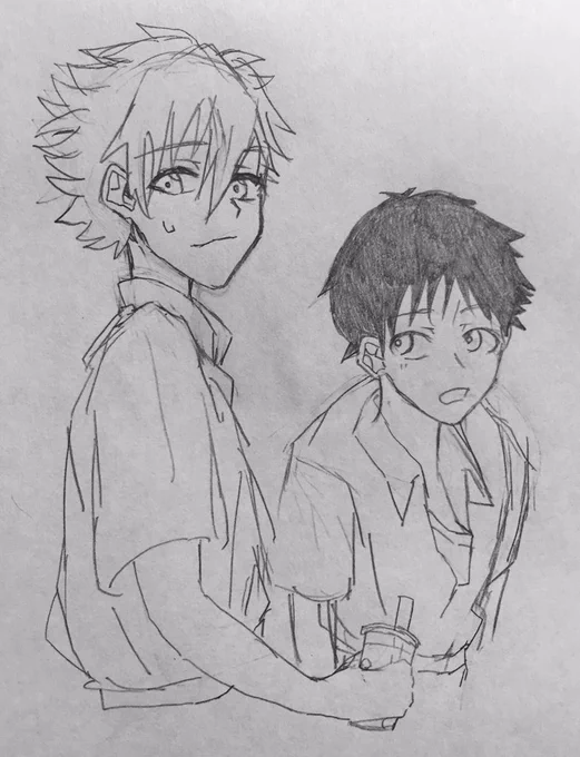 #1日1カヲシン
30日目!
ちょっと髪の毛がボサボサになった2人。……なんかカヲルくんがシンジくんを見てないのすっごい違和感ある。 
