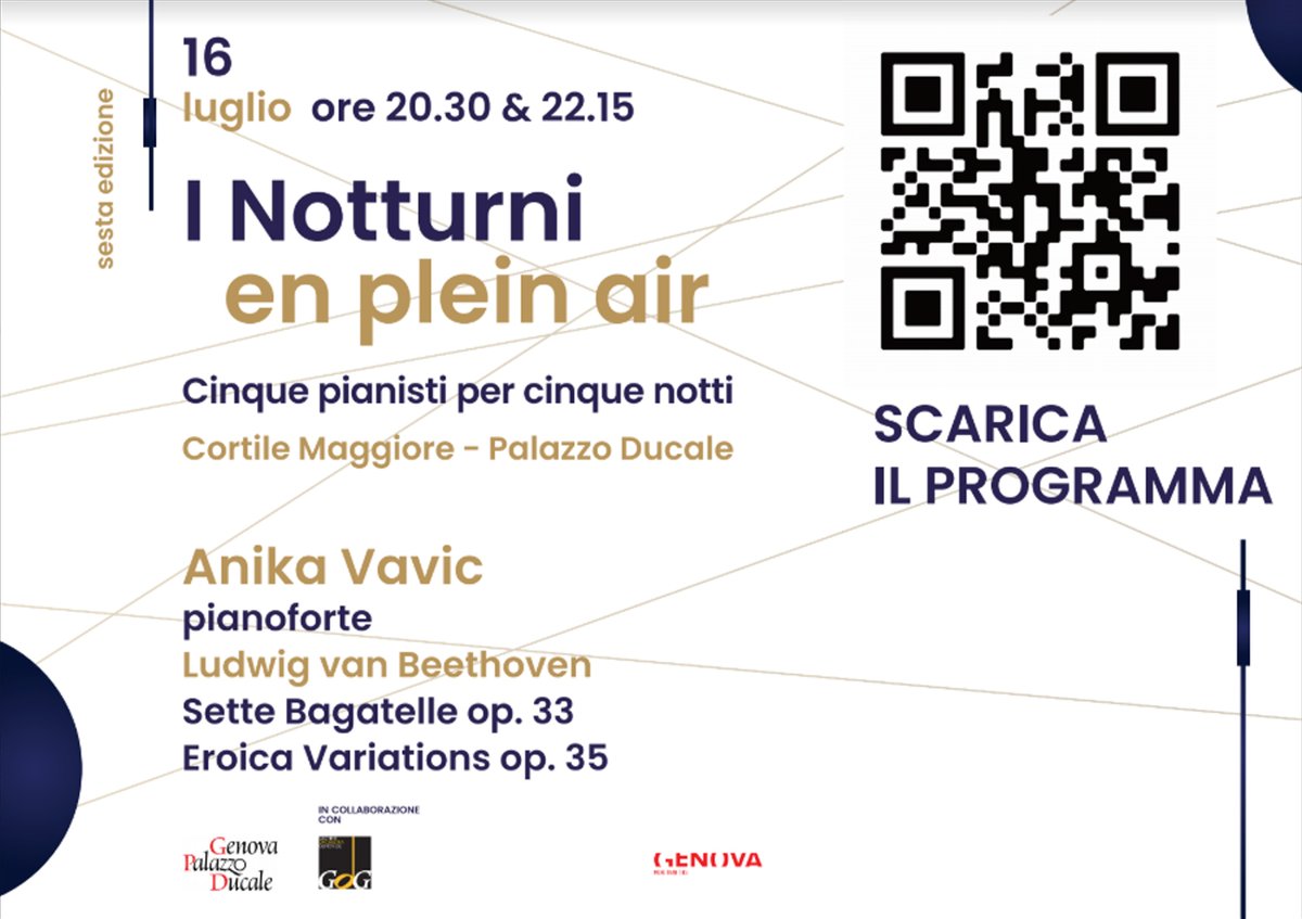🔴🔴 I NOTTURNI EN PLEIN AIR a @Ducale_Genova
 
IL DEBUTTO CON <a href="/AnikaVavic/">Anika Vavic</a> 

➡️ Scansiona il #QrCode per scoprire il programma completo

#gog2021
#genovamorethanthis
#Genova