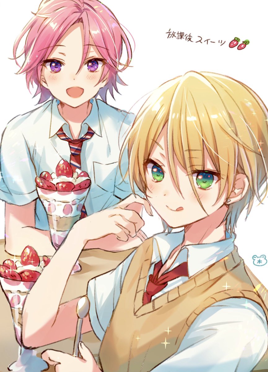 multiple boys 2boys necktie pink hair blonde hair male focus green eyes  illustration images