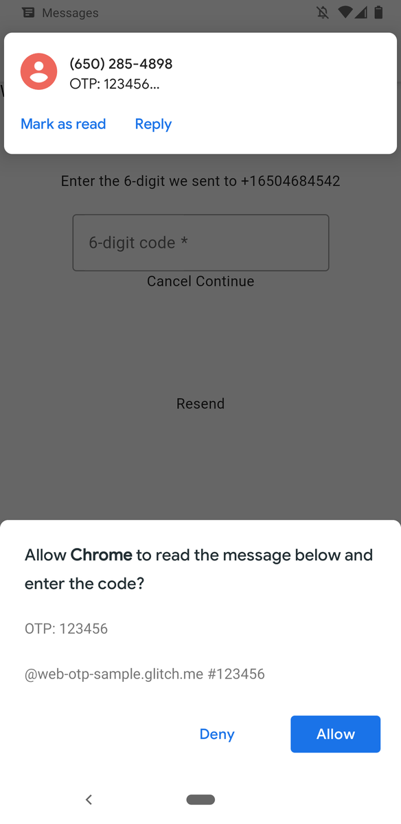 samuelgoto's tweet photo. M84 just hit my phone and I saw WebOTP working on a stable build for the very first time in our demo app. Wow, what a ride. Looking forward to seeing it in the wild in a real world app. Onward!! https://t.co/QtY4hNOf4e