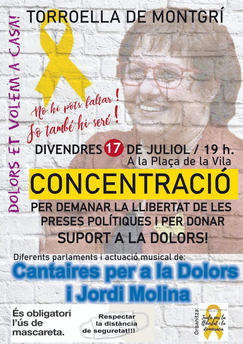 xanxoia's tweet photo. Demà a les 7 de la tarda tothom a la plaça de #Tarruella per la #Llibertatpresospolitics #llibertatDolorsBassa https://t.co/SXNBWLTTQj
