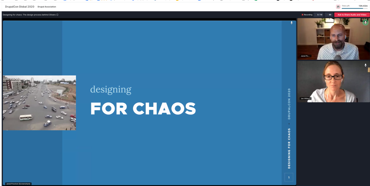 Watching <a href="/jponch/">Jared Ponchot</a> &amp; Jen Witkowski Talk about Olivero's design process. This is a fantastic presentation! #DrupalConGlobal app.hopin.to/events/drupalc…