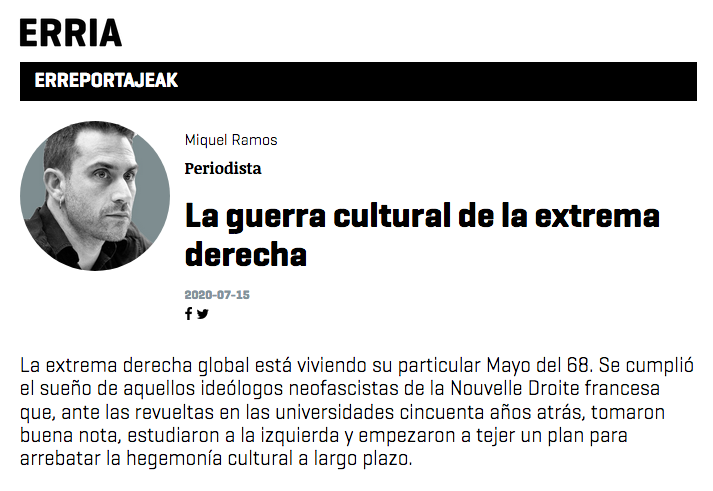 Davidsegarra's tweet photo. Un text imprescindible de @Miquel_R per entendre d'on naix l'èxit de la nova extrema dreta: la guerra cultural, la batalla de les idees, la metapolítica.

https://t.co/DOmCpcjRge https://t.co/vErSLH82pw