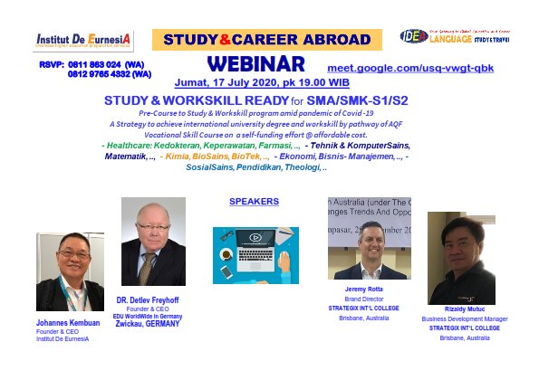 ideainstitut's tweet photo. Join our WEBINAR on strategy to achieve international degree and workskill @ self-funding affordable cost, Friday, July 17, 2020, at 19.00 Western Indonesia Time/12.00 GMT/14.00 German Time
Join with Google Meet https://t.co/RKchH4poVs https://t.co/SHGqtSvh2e