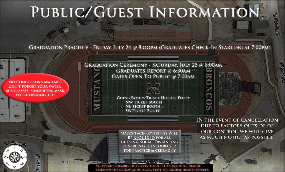 MustangSchools's tweet photo. (1/3) Class of 2020 Family,
Please see the attached graphics re: your graduation ceremony. One graphic is for students (containing info on where to enter, etc.) and one is for the public/guests; both are labeled at the top. https://t.co/zW1GSmhJ28