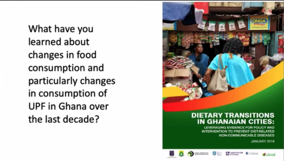 DFC_Program's tweet photo. #DFCgrantee @UnivofGh @DFCGhana @meals4ncds's @alaar discusses #DFCproject findings on #foodenvironment changes & subsequent dietary shifts in #Accra, #Ghana🇬🇭, on today's @cunyurbanfood #ultraprocessedfood webinar. Go @alaar! @USCArnoldSchool @gatesfoundation @Dfid_nutrition https://t.co/V8uVNJUJuO