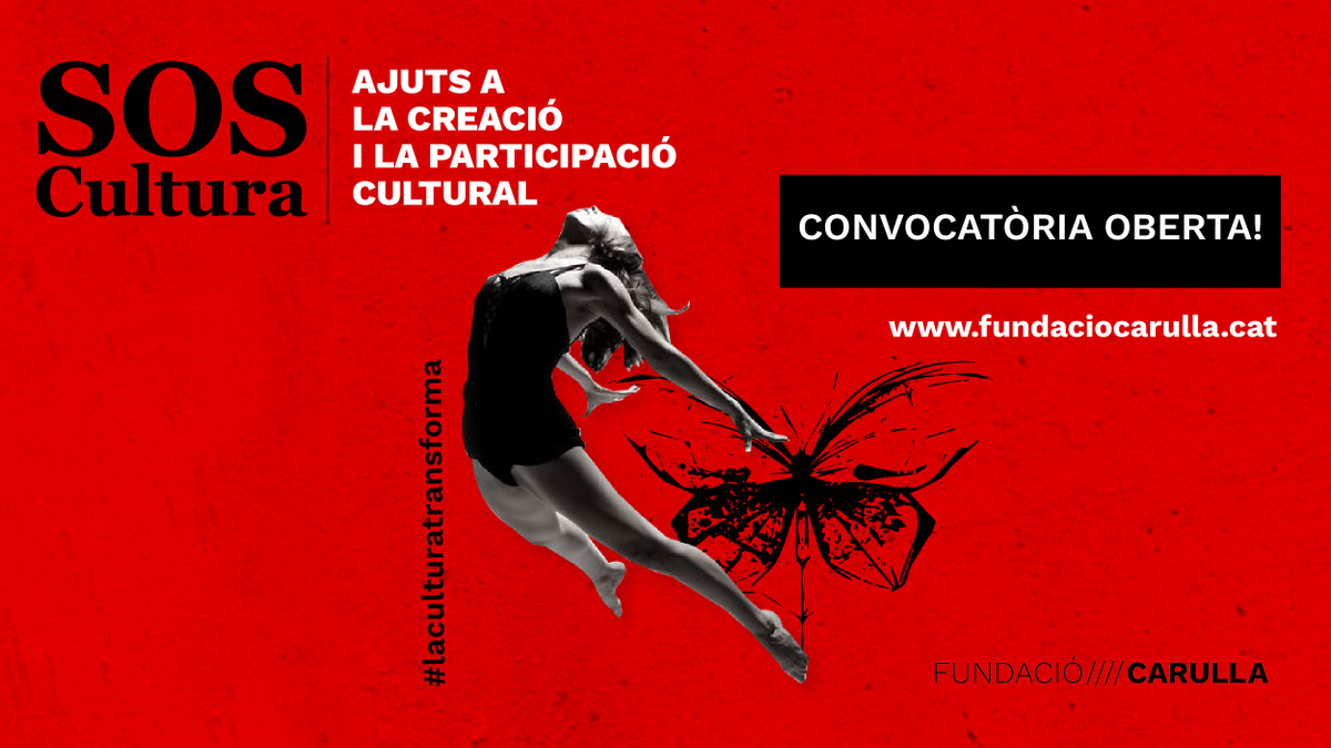 FundacioCarulla's tweet photo. ❗Necessitem la cultura i la cultura ens necessita

Posem en marxa #SOSCultura⚫, un programa extraordinari d'ajuts per donar suport als creadors culturals i fer possibles projectes que donin resposta a la crisi de la #Covid19

Convocatòria oberta!🔗https://t.co/swJztxU6w8 https://t.co/vKljvz9fWA