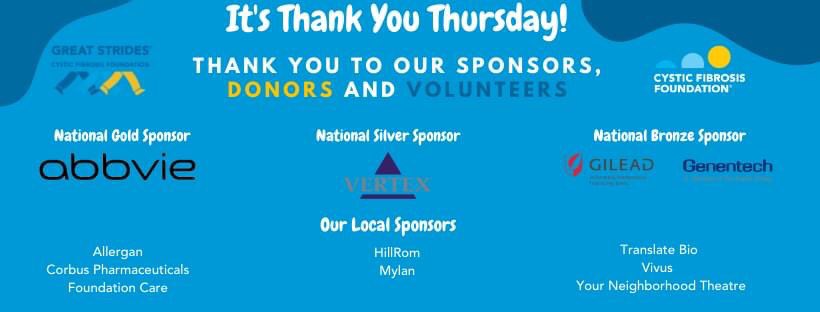 CFF_MassRI's tweet photo. It's Thank you Thursday and we would like to give a shout out to our Great Strides sponsors. #StrongerTogether #UntilCFStandsForCureFound #GreatStrides2020 #cffmari #RallyWalkRoll https://t.co/bBwbtJtR4E