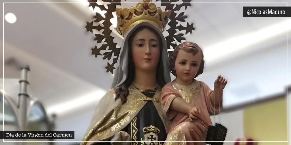 NicolasMaduro's tweet photo. Hoy en el Día de Nuestra Señora del Monte Carmelo, elevamos nuestras oraciones junto al pueblo venezolano. Madre de nuestro Redentor, Patrona del Ejército Bolivariano, cubre a Venezuela con tu manto protector y ayúdanos a vencer las tinieblas de esta pandemia del Covid-19. https://t.co/0GyfMS8d9Z